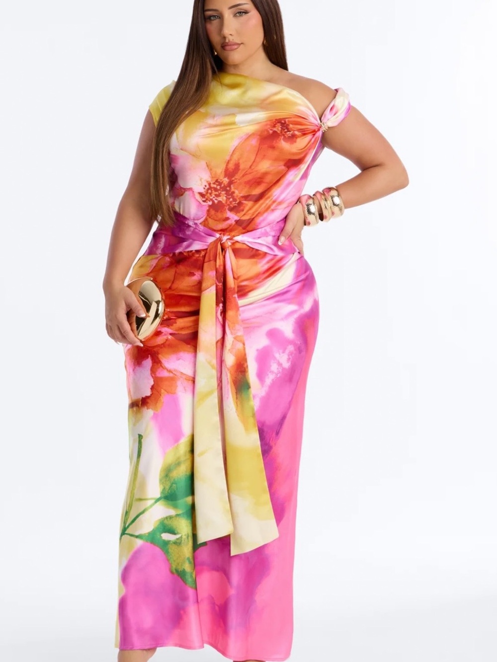 One-Shoulder Floral Satin Maxi Dress in Pink & Yellow